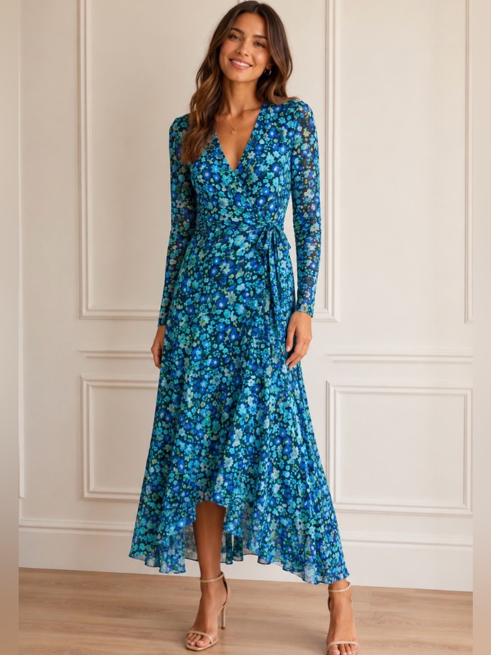 GANNI Blue Floral Print Stretch Mesh Maxi Wrap Dress Long Sleeve Size